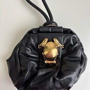Black Leather Bag with Gold Frog Accent